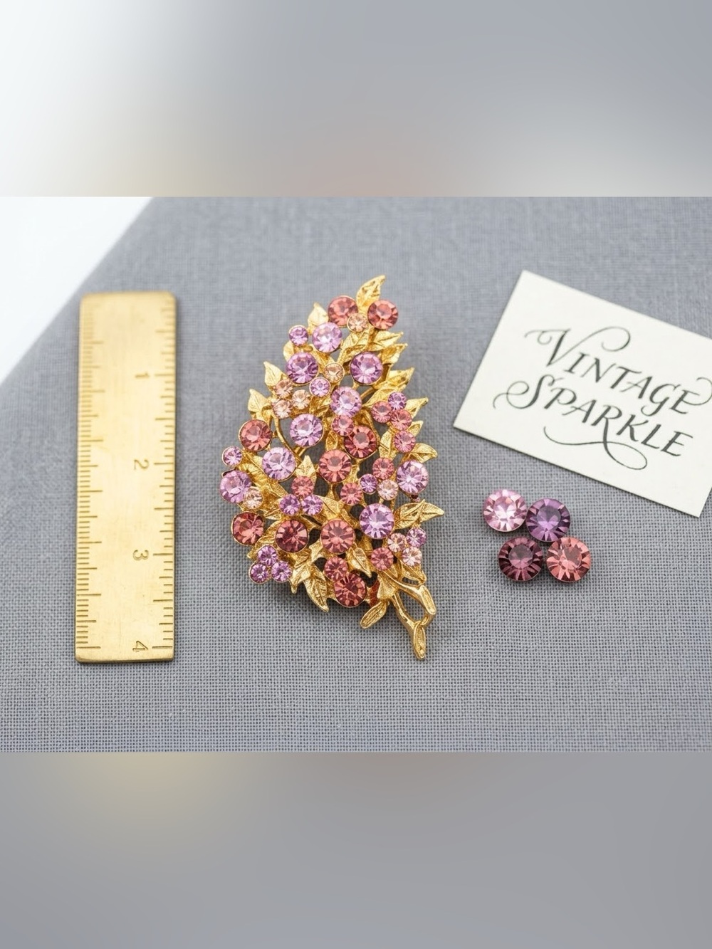 Vintage Pink Purple Rhinestone Spray Brooch Gold Tone Botanical Leaf Pin/Brooch